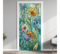 Fleur Sauvage Stickers pour Papier Peint PVC Imperméable, Iris Porte Autocollants 3D Trompe L'Oeil, Vitrail Poster de Porte Amovible 63x205 cm