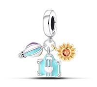 Fleur, valise et ballon à air chaud trois pièces, accessoire de bracelet à breloques en argent sterling 925, compatible avec le collier bracelet pandora, cadeau pour femme
