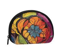 Fleur Vitrail Plein Format Imprimé Polyester Portable Mini Sac de Rangement Coquille Portefeuille En Forme De Coquille Petit Portefeuille Shell Sac De Rangement, Noir , Taille unique