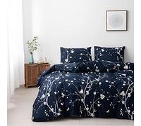 Fleurie 3D Imprimée 1 x Housse de Couette 140x200 cm + 1 Taie d'oreiller 50x75 cm pour 1 Personne Enfant Fille Linge Literie Branche d’Arbre Réversible Sets Parure Lit Fermeture Éclair Bleu Marine