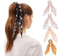 Fleuris Élastiques à Cheveux 5 Pièces en Polyester Vintage | Rubans Longs Imprimés, Élasticité et Facile à Étirer, Usage Quotidien ou Noël Plusieurs styles
