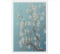 Fleurs 3D Impression sur toile Bleu clair Fleurs d'abricotier Poster et impression d'art, Décoration murale pour Maison Bain Salon Chambre Restaurant 120Lx80W cm Sans cadre