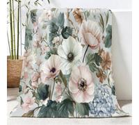 Fleurs Anémone Feuilles Douce Flanelle Couverture, Rétro Élégant Confortable et Légère Couverture pour Lit Chaise Canapé Maison Bureau, Blanc Rose Couvertures pour Adultes et Enfants, 130 x 150 cm