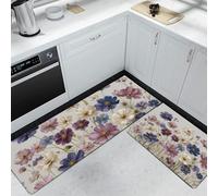 Fleurs aquarelles Tapis de Cuisine Set de 2, Cosmos Coquelicot Tapis de Sol de Cuisine Lavables, Chemin Antidérapant pour l’entrée et Le Bureau 40x60cm+40x120cm, Violet