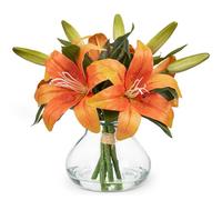 Fleurs artificielles avec 5 lys tigrés dans un vase en verre - Fleurs d'hortensia artificielles - Impression 3D - Toucher réel - Fleurs artificielles comme de véritables hortensias - Pour mariage,