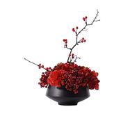Fleurs artificielles bonsaï artificielles intérieures, fausses fleurs rouges, bouquet de haricots acacia avec vase noir, fleurs assorties artificielles pour décoration fleurs artificielles en vase