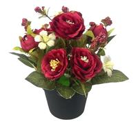 Fleurs Artificielles De Cimetière Pour Tombes, 17,8 Cm De Hauteur, Roses Artificielles En Pot, Fleurs Réalistes En Soie Avec Feuille Verte Pour Décorations Commémoratives De Cimetière Funéraire, Rouge