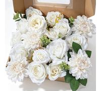 Fleurs Artificielles Deco Mariage Grosse Tête de Fleur 8-16 cm Blanches | Rose Dahlia Pivoine Artificielle avec Tige et Feuille Fausse Fleurs en Soie DIY Bouquet Decoration Gateau Fêtes