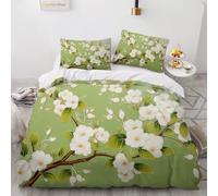 Fleurs Blanches Et Feuilles Vertes Housse de Couette 260×220cm Fond Vert Microfibre Parure Couette avec Fermetures éclair avec 2 Taies d'oreiller 75x50cm