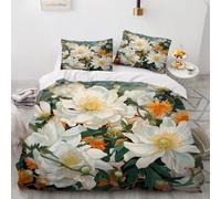 Fleurs Blanches Et Feuilles Vertes Set de 3 Pièces Parure de lit 260×220cm Imprimé Botanique Housse de Couette Adulte avec 2 Taies d'oreiller 75x50cm pour Les Enfants Les Adultes