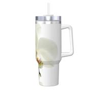 Fleurs blanches, orchidées, élégantes, modernes et tendance.,Gobelet isotherme Ice Bully de 40 oz avec poignée, couvercle et paille, en acier inoxydable, pour voiture ou café.