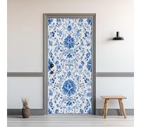 Fleurs Bleu Stickers Porte 80x200cm Fleurs De Vigne Sticker Mural Auto-adhésif 3D Autocollant Porte Toile De Jouy Poster Papier Peint PVC Imperméable Amovible pour Salon Chambre Bain