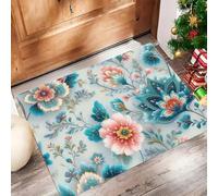 Fleurs Cachemire Rurales Paillasson Intérieur, 90 x 150 cm Tapis Entrée Extérieur Imperméable Antidérapant, Fleurs Ethniques Tapis pour Lavable Cuisine Salle de Bain- Cyan