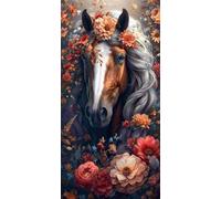 Fleurs chevaux Diamond Painting Kit pour Adulte Enfant, 5D Diamant Painting Images Ronde Diamond Peinture Diamant Adulte, DIY Cristal Débutant Art Set pour Décor Murale Maison Cadeaux 30x60cm t-413