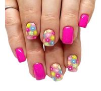 Fleurs Colorées 24x Couvertes Complètes Fausses Ongles Couleur Couleur Appuyez Sur Un Bâton Carré Court Sur L'acrylique Brillant
