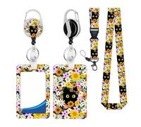 Fleurs colorées, porte-badge rétractable, étui pour cartes, cordon tour de cou, chat noir, cordon tour de cou pour infirmières, étudiants, carte d'identité rétractable