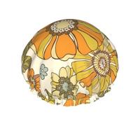 Fleurs colorées rétro années 70,Bonnet de douche/bonnet de nuit double couche imperméable et élastique, bonnet de bain réutilisable