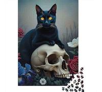 Fleurs crâne Chat Noir Puzzle À 1000 Morceaux Papier Épais Puzzle Familial Passionnés Casse-tête Compatible Plateau Heures Divertissement Garanties 70x50cm/1000pcs