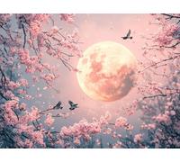 Fleurs de Cerisier Diamond Painting Adulte, 5D Diamond Painting Lune Broderie Diamant Kit Complet, DIY Diamant Artisanat Strass Point de Croix Cristal Kit pour Decoration Maison, 90x120 cm, Model 1004