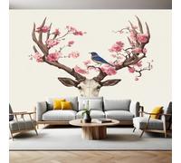 Fleurs de Cerisier Rouges Papier Peint Panoramique 3D Intissé Crâne de cerf animal Panoramique Peinture Murale pour Salon Chambre à Coucher D'Enfant Maison Personnalisé Décoration Murale 350x256 cm