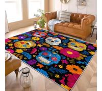 Fleurs de CrâNe du Jour des Morts Tapis Antidérapant en Flanelle 180x240 cm Coloré Tapis Utiliser TPR Fond Antidérapant Facile à Entretenir Lavable en Machine Décoration d'intérieur