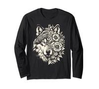 Fleurs de loup florales visage de loup pour les amoureux des loups femmes loup Manche Longue