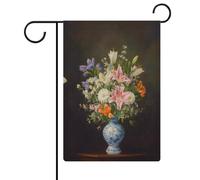 Fleurs de lys roses dans un vase en porcelaine bleue et blanche, drapeau de jardin, vacances saisonnières, toile de jute double face, drapeaux extérieurs de maison, cour, 30,5 x 45,7 cm