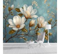 Fleurs De Magnolia Blanc Branches De Tournesol Feuilles Murales Panoramique 150x105cm, Texture De Peinture À L'Huile Vintage Mural Fond D'écran, Bleu-Vert Mur De Fond TV Chambre Papier Peint Poster