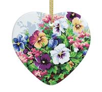 Fleurs de pensée en céramique en forme de cœur à suspendre pour sapin de Noël, décoration de maison, bureau, idée cadeau