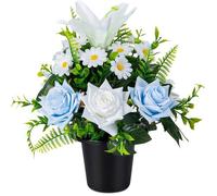 Fleurs de tombe artificielles en pots rose lys et marguerite artificiels avec pot pour cimetière funérailles Bleu/Blanc 1