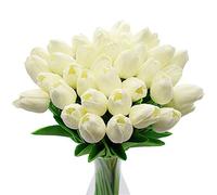 CattleyaHQ Fleurs de Tulipes artificielles, 10pcs Real Touch Latex Fleurs avec des Feuilles, décoration élégante pour la fête de Banquet de Mariage, Cuisine à Domicile (Blanc)