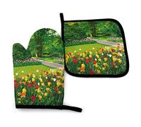 Fleurs de Tulipes colorées et Arbres Gants de Four et maniques Ensemble de Cuisine Gants de Four résistants à la Chaleur et Coussinets Chauds Maniques pour Barbecue Cuisson Gants de Cuisine