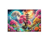 Fleurs des Montagnes et des Rivières Single Pagoda, Fleurs de cerisier, Lune Art Mural Encadré Art Sur Toile Pour Salon Mur De Galerie Point Focal Art Mural D'économie D'espace 08x12inch(20x30cm)