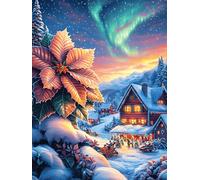 Fleurs d'étoile de Noël dans une scène de chalet de Noël 300 Pièces Puzzle Adulte En Carton Haute Densité Anti-Déchirure Faune sauvage et animaux de compagnie Difficile Haute Difficulté Anti-Stress Id
