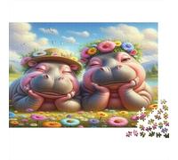 Fleurs d'hippopotames Heureux Puzzles 1000 Pièces Papier recyclé pour Adultes Puzzle pour Adultes Jeu Familial Amusant Jeu éducatif avec défi pour Hommes et Femmes 70x50cm/1000pcs