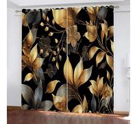 Fleurs d'or Noir Rideau Occultant Oeillet Polyester 3D Chambre Rideaux Thermique Isolant Anti Froid Bohême Rideau Chambre Enfant Ado Fille Garcon （234x183 cm）