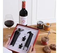 Fleurs et Délices - Coffret Vin Rouge - 4 Accessoires Sommelier - Planche Aperitif en Bois et 3 Terrines Ducs de Gascogne - Cadeau Anniversaire Idée à Offrir