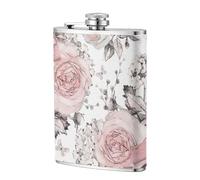 Fleurs et feuilles roses sur fond blanc,Flasque de poche plate de 8 oz en acier inoxydable 304, idéale pour les activités de plein air.