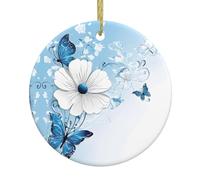 Fleurs et papillons personnalisés en céramique - Ornements ronds à suspendre - Décoration d'arbre de Noël pour Noël, vacances, mariage, fête, cadeaux souvenirs - 1 pièce