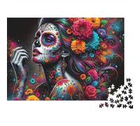 Fleurs et Yeux 1000 Pièces Crâne à Sucre Puzzle pour Adultes Carton sans Odeur Anti-Stress Stimuler l'esprit pour Débutants avec Affiche Guide 38x26cm/1000pcs