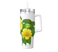 Fleurs jaunes dans un buisson vert,Gobelet isotherme Ice Bully de 40 oz avec poignée, couvercle et paille, en acier inoxydable, pour voiture ou café.