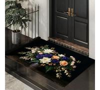 Fleurs Luxe Paillasson D'Entrée Discret Absorbant - 45 x 75 cm - Antidérapant -Bouquet Roses Lotus Tapis De Sol pour Entrée d'animaux Salle De Bain - Noir