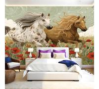 Fleurs Papier Peint Intissé 400 x 280 cm Animaux Deux chevaux Panoramique Image Photo Trompe l'oeil Murale Wallpaper Tapisserie pour Salon, Adulte Chambre d'enfants, Étude Décoration