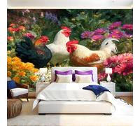Fleurs Papier Peint Panoramique Famille d'animaux coqs Papier Peint Intissé Tapisserie Poster Mural Salon Chambre Adulte Chambre d'enfants Restaurant Décor 250x175 cm
