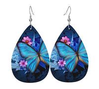 Fleurs Papillon Bleues Femme Boucles D'Oreilles Faux Cuir Pendantes Dangle