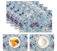 Fleurs peintes à la Main Lot de 2 Sets de Table, 30x45cm Cosmos Chardon Banquet Sets de Tables Lavables Nappe de Table pour Cuisine, fête, décoration Bleu-Violet