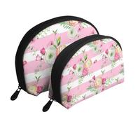 Fleurs Rayures Roses, Trousse de Maquillage Coquille Femme Petit Porte-Monnaie Trousse de Toilette Trousse à cosmétiques 2 pièces