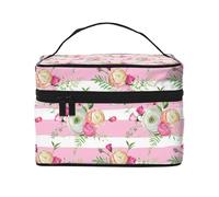Fleurs Rayures Roses, Trousse de Maquillage Trousse à cosmétiques Trousse de Toilette de Voyage Portable Trousse à Crayons