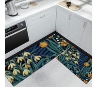 Fleurs rétro Tapis de Cuisine pour Plancher 2PCS, Anti-dérapant Lavable Tapis Sol Cuisine Motif Perce-Neige Une espèce de fougère, pour Cuisine évier buanderie Salle de Bain, 43x75cm+43x150cm