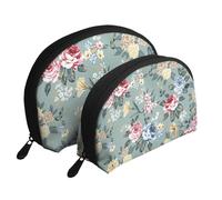 Fleurs Roses sur Fond Vert, Trousse de Maquillage Coquille Femme Petit Porte-Monnaie Trousse de Toilette Trousse à cosmétiques 2 pièces